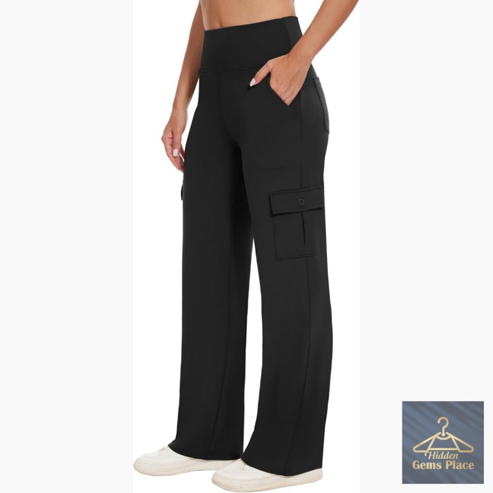 High Waist Wide Leg Yoga Cargo Pants with Pockets Stretch Fabric